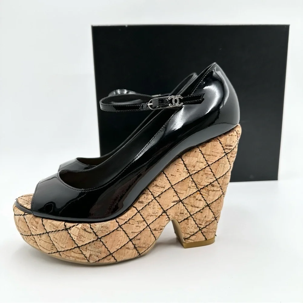 Chanel Black Patent Leather Quilted Cork Platform Peep Toe Heels